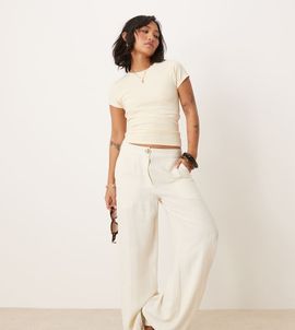 ASOS Petite ASOS DESIGN Petite relaxed straight leg pants with linen in off-white