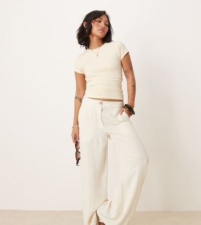 ASOS Petite ASOS DESIGN Petite relaxed straight leg pants with linen in off-white
