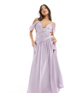 ASOS Petite ASOS DESIGN Petite ruched fallen shoulder cut-out maxi dress in lilac-Purple