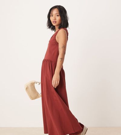 ASOS Petite ASOS DESIGN Petite ruched scoop smock midi dress in rust-Green