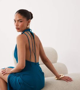 ASOS Petite ASOS DESIGN Petite ruched waist high neck maxi dress with open back-Blue