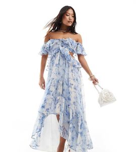 ASOS Petite ASOS DESIGN Petite ruffle cut out off the shoulder maxi dress with hi low hem in vintage mixed floral-Multi