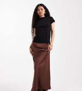 ASOS Petite ASOS DESIGN Petite satin bias maxi skirt in dark brown