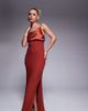 ASOS Petite ASOS DESIGN Petite satin chiffon mix draped one shoulder maxi dress in burnt red - 1