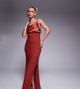 ASOS Petite ASOS DESIGN Petite satin chiffon mix draped one shoulder maxi dress in burnt red