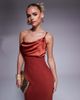ASOS Petite ASOS DESIGN Petite satin chiffon mix draped one shoulder maxi dress in burnt red - 4