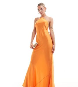 ASOS Petite ASOS DESIGN Petite satin halter maxi dress with shaped back detail in orange