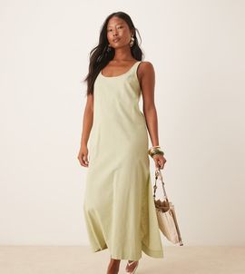 ASOS Petite ASOS DESIGN Petite scoop neck cotton linen midi dress in sage-Green
