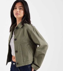 ASOS Petite ASOS DESIGN Petite short cotton harrington jacket in khaki-Green