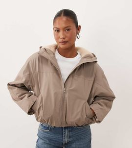 ASOS Petite ASOS DESIGN Petite short hooded rain coat with borg liner in neutral