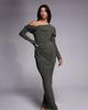 ASOS Petite ASOS DESIGN Petite slinky long sleeve fallen shoulder with drape and ruching detail maxi dress in khaki-Green - 1
