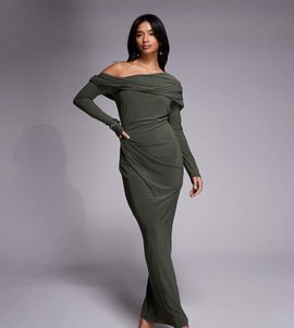 ASOS Petite ASOS DESIGN Petite slinky long sleeve fallen shoulder with drape and ruching detail maxi dress in khaki-Green
