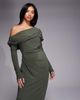 ASOS Petite ASOS DESIGN Petite slinky long sleeve fallen shoulder with drape and ruching detail maxi dress in khaki-Green - 2