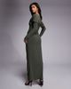 ASOS Petite ASOS DESIGN Petite slinky long sleeve fallen shoulder with drape and ruching detail maxi dress in khaki-Green - 3