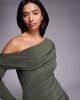 ASOS Petite ASOS DESIGN Petite slinky long sleeve fallen shoulder with drape and ruching detail maxi dress in khaki-Green - 4