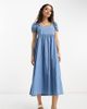 ASOS Petite ASOS DESIGN Petite soft denim midi dress with puff sleeve in lightwash blue - 1