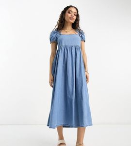 ASOS Petite ASOS DESIGN Petite soft denim midi dress with puff sleeve in lightwash blue