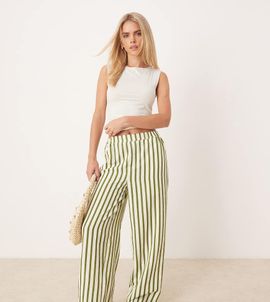 ASOS Petite ASOS DESIGN Petite straight leg seersucker pants in khaki stripe-Multi