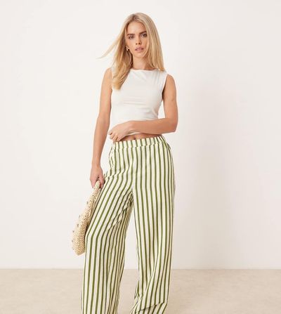 ASOS Petite ASOS DESIGN Petite straight leg seersucker pants in khaki stripe-Multi