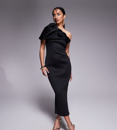 ASOS Petite ASOS DESIGN Petite structured puff sleeve bandeau midi dress in black in scuba-style fabric