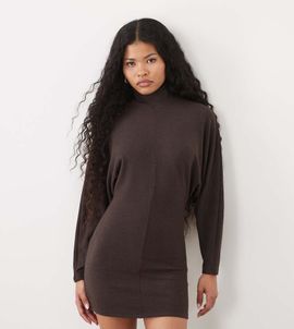 ASOS Petite ASOS DESIGN Petite supersoft drape batwing mini dress in chocolate-Brown