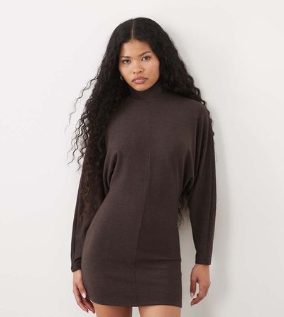 ASOS Petite ASOS DESIGN Petite supersoft drape batwing mini dress in chocolate-Brown
