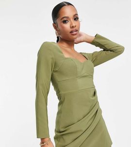 ASOS Petite ASOS DESIGN Petite sweetheart neck mini dress with ruched wrap skirt in pale khaki-Green
