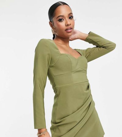 ASOS Petite ASOS DESIGN Petite sweetheart neck mini dress with ruched wrap skirt in pale khaki-Green