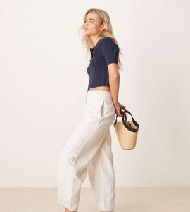 ASOS Petite ASOS DESIGN Petite tailored linen pants with multi way tab hem in ecru stripe