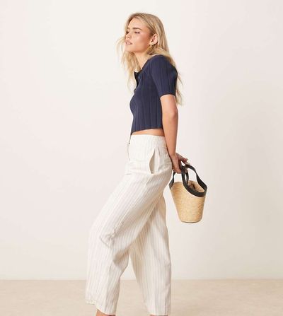 ASOS Petite ASOS DESIGN Petite tailored linen pants with multi way tab hem in ecru stripe