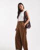 ASOS Petite ASOS DESIGN Petite textured barrel leg pull on pants with seam detailing in mustard plaid-Yellow - 1