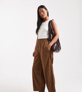 ASOS Petite ASOS DESIGN Petite textured barrel leg pull on pants with seam detailing in mustard plaid-Yellow