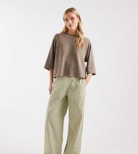 ASOS Petite ASOS DESIGN Petite textured pull on straight leg pants in khaki stripe-Green