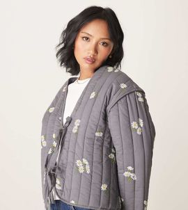 ASOS Petite ASOS DESIGN Petite tie front quilted embroidered jacket in washed gray