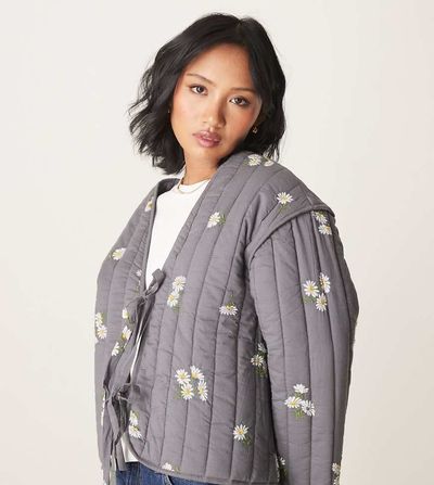 ASOS Petite ASOS DESIGN Petite tie front quilted embroidered jacket in washed gray
