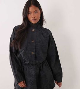 ASOS Petite ASOS DESIGN Petite track button down mini dress with puff skirt in navy check-MULTI