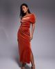 ASOS Petite ASOS DESIGN Petite velvet midi dress with fallen shoulder in rust-Red - 1