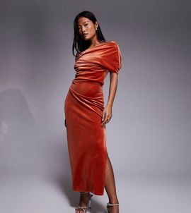 ASOS Petite ASOS DESIGN Petite velvet midi dress with fallen shoulder in rust-Red