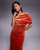 ASOS Petite ASOS DESIGN Petite velvet midi dress with fallen shoulder in rust-Red - 3