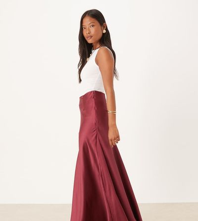 ASOS Petite ASOS DESIGN Petite volume drape satin maxi skirt in chocolate cherry-Brown
