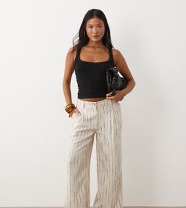 ASOS Petite ASOS DESIGN Petite wide leg pants with pleat detail in linen look in natural squiggle-Neutral