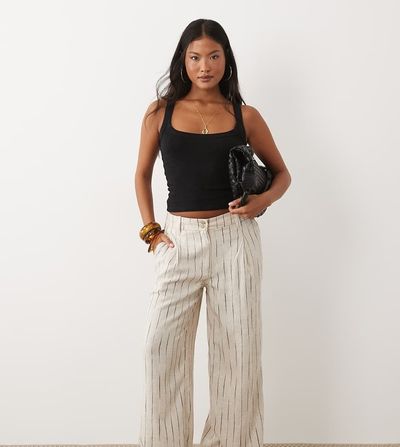 ASOS Petite ASOS DESIGN Petite wide leg pants with pleat detail in linen look in natural squiggle-Neutral