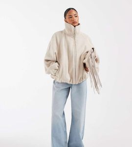ASOS Petite ASOS DESIGN Petite wool blend funnel neck bubble hem jacket in cream-White