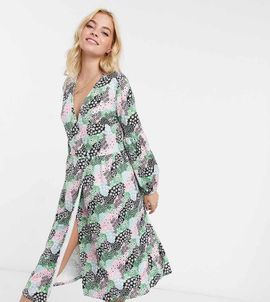 ASOS Petite ASOS DESIGN Petite wrap front smock midi dress in multi floral print-White