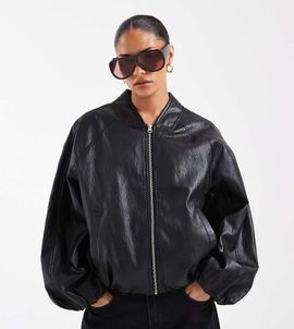 ASOS Petite ASOS DESIGN washed leather look oversized bomber jacket in washed black