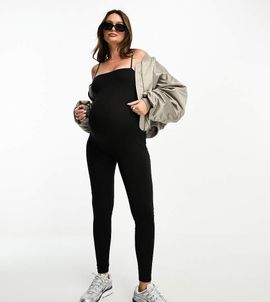 ASOS Tall ASOS DESIGN Maternity strappy soft touch unitard jumpsuit in black
