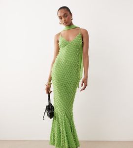 ASOS Tall ASOS DESIGN Tall bias cut plunge neck cami dress with full godets and scarf detail in green-Multi