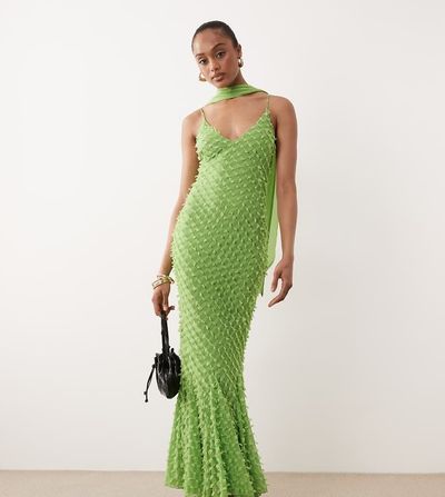 ASOS Tall ASOS DESIGN Tall bias cut plunge neck cami dress with full godets and scarf detail in green-Multi