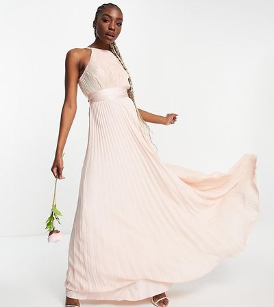 ASOS Tall ASOS DESIGN Tall Bridesmaid pleated pinny maxi dress with satin wrap waist-Pink