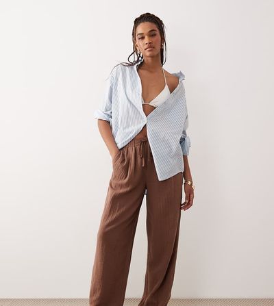 ASOS Tall ASOS DESIGN Tall Callie cheesecloth beach balloon pants in mocha-Brown